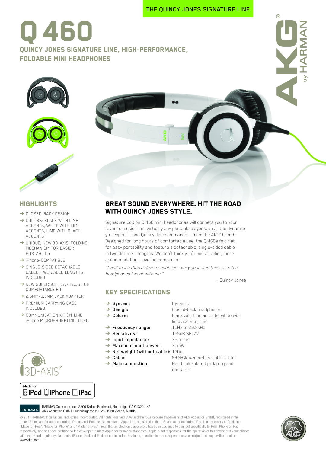 AKG Acoustics Q460 specifications Q 460, Quincy Jones Signature Line, High-Performance, Foldable Mini Headphones, Dynamic 